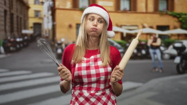 Woman in santa hat and gingham apron holds whisk and rolling pin, cheeks puffed in street; holiday frustration.