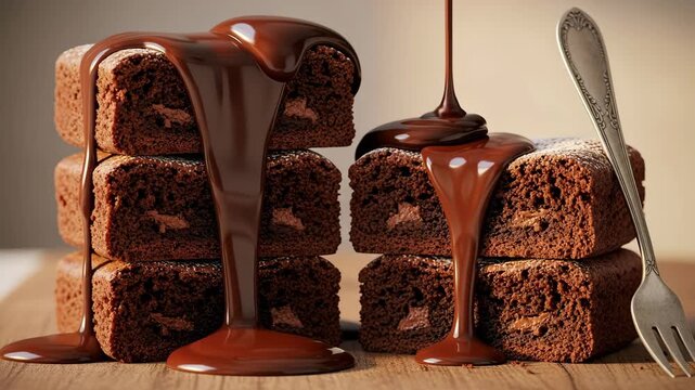 Decadent chocolate brownies with rich ganache drizzle and silver fork Ai HD video.
