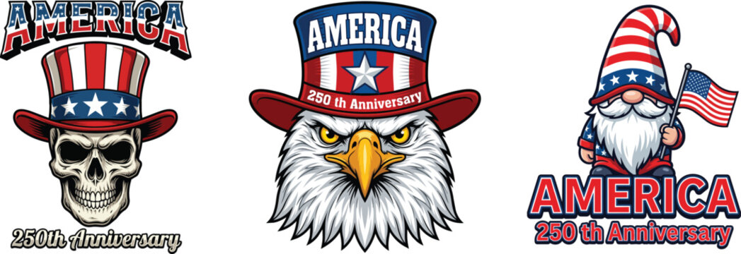 America 250th anniversary patriotic design set featuring skull, bald eagle, and gnome wearing Uncle Sam hat with US flag.