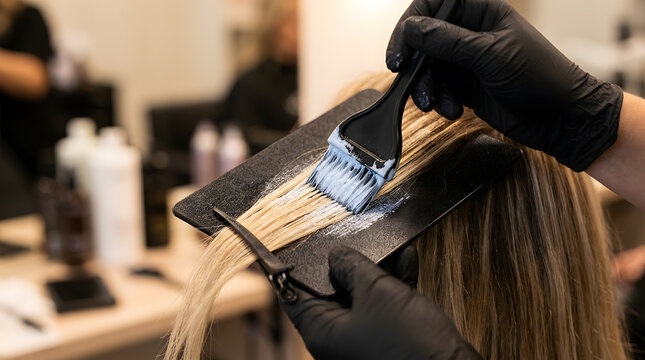Professional hair balayage technique in salon | Hairstylist applying bleach with brush and board | Hair lightening process for blonde highlights | Close up of hair coloring treatment at salon