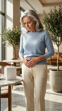 Mature person struggle: involuntary urine, urinary incontinence, bladder control, personal discomfort, public shame, unexpected leakage, urgent need.