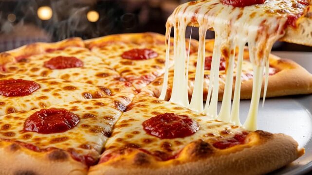 Hot pepperoni pizza slice with melting stretchy cheese pull Ai HD video.
