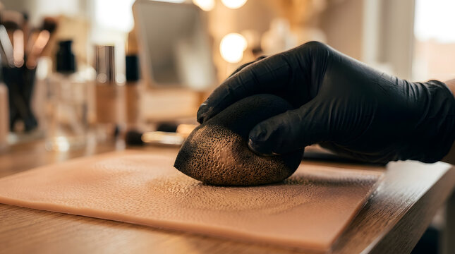 Professional PMU training with silicone skin | Gloved hand applying foundation with makeup sponge | Paramedical tattooing practice technique | Beauty artist training on synthetic skin material