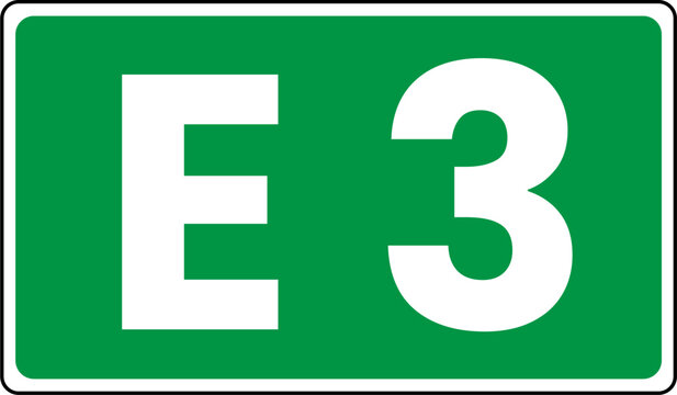 European route marker sign showing E3, Green european route E3 Sign