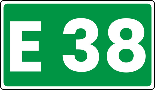 European route marker sign showing E38, Green european route E38 Sign