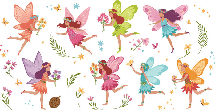 A collection of cute watercolor fairies with colorful wings and flowers isolated on a white background for children book illustrations or magical design projects