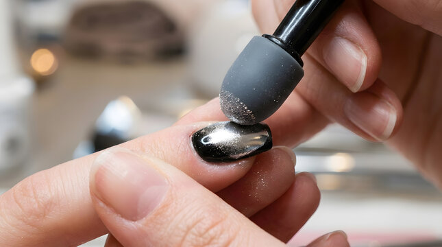 professional chrome powder nail application | silver mirror effect nail art tutorial | applying metallic pigment to black gel polish | luxury salon manicure close up