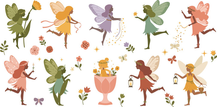 A collection of cute colorful fairy characters with wings and magical accessories isolated on a white background for fantasy themed designs and children illustrations