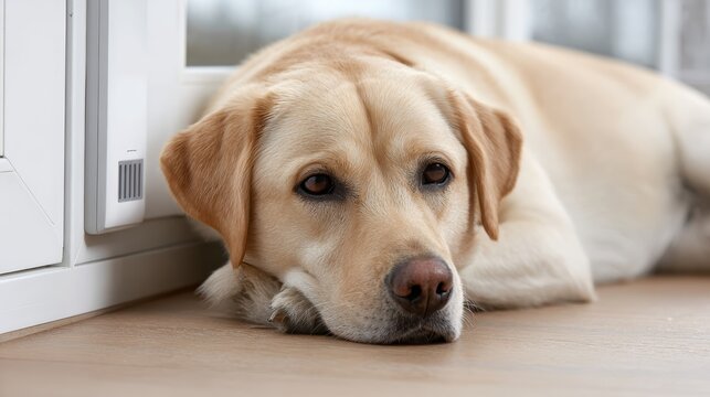 A light-colored Labrador Retriever lies on a wooden floor, resting its head near a white door, with a calm and thoughtful expression.