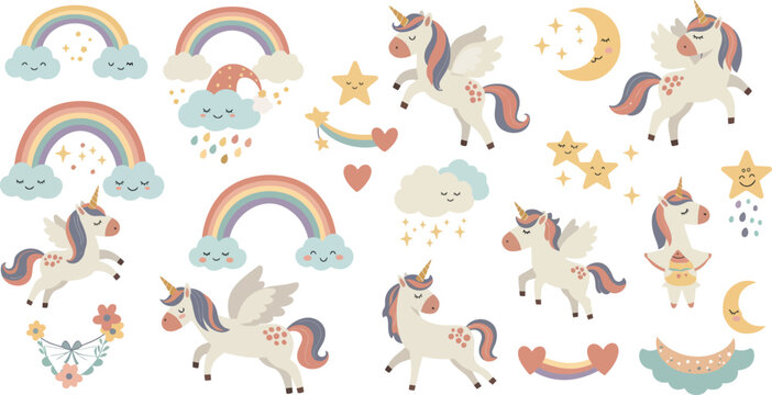 A collection of cute watercolor unicorn illustrations featuring rainbows clouds stars and moon elements perfect for nursery decor baby shower invitations and magical themed designs