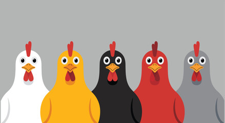 Colorful cartoon chickens, chicken icons, farm animals, vector illustrations, poultry characters © Mir