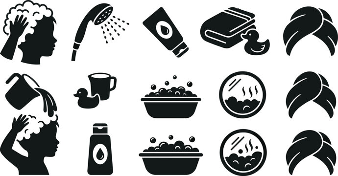 Baby Bath Time and Child Hygiene Vector Icon Set Featuring Shampooing Foam, Shower Head, Rubber Duck, Bubble Tub, Towel Wrap, and Skincare Bottle Symbols