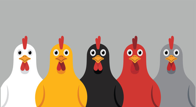 Colorful cartoon chickens, chicken icons, farm animals, vector illustrations, poultry characters