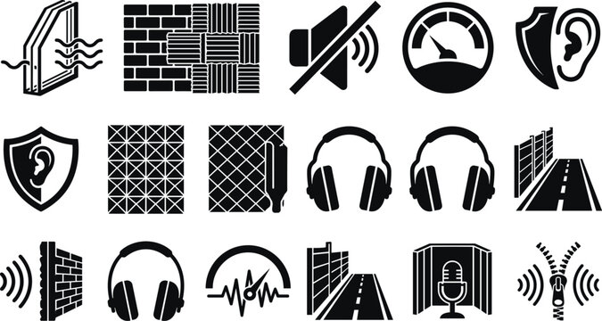Soundproofing and Acoustic Insulation System Vector Icon Set Featuring Foam Panels, Double Glazed Windows, Noise Cancellation Headphones, Decibel Meters, and Isolation Booths