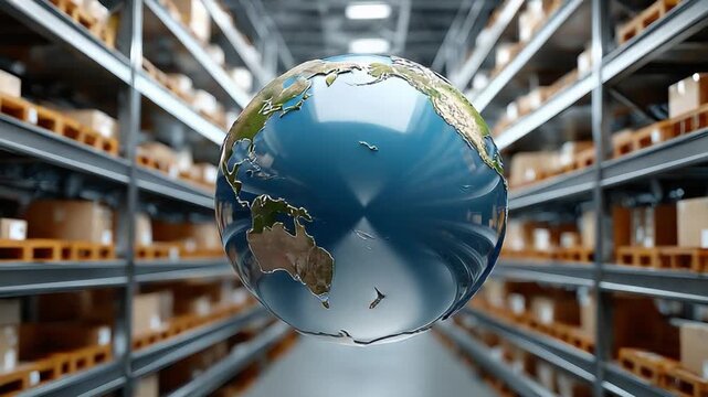 Global Distribution Network: A detailed 3D render of planet Earth floats centrally above rows of neatly stacked cardboard boxes on wooden pallets within a vast warehouse.