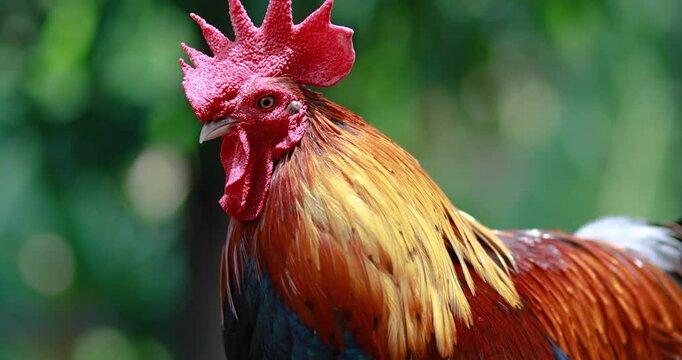 Rooster, Colorful rooster with bright red comb and glossy feathers against a blurred natural background, Bantam chicken, close-up