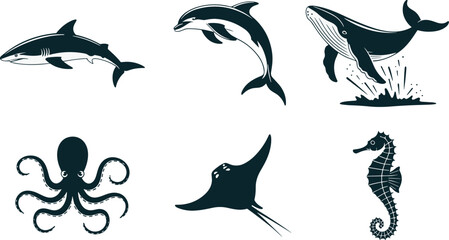 Marine Life Silhouette Collection Featuring Shark Dolphin Whale Octopus Stingray Seahorse and Ocean Wildlife Set © Sree