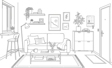 Fototapeta premium Living room vector illustration for home interior design poster with sofa plants lamp and modern line art