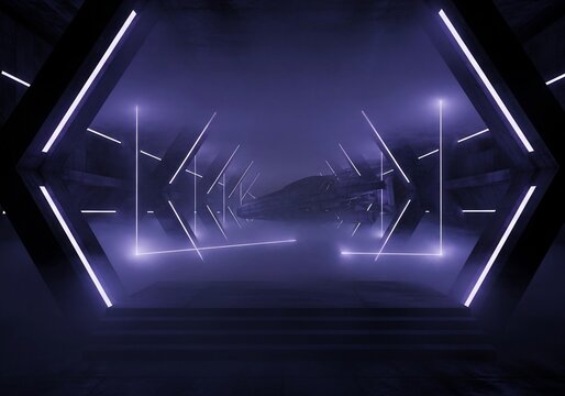 Nebula Corridor: A 3D render of infinite depth, bathed in luminous violet light, materializing a cosmic pathway.