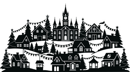 Fototapeta premium Festive winter village vector silhouette. Charming houses, tall trees, and a central clock tower, beautifully decorated with holiday garlands and lights