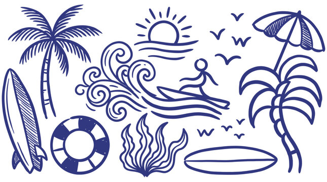 Doodle icons of summer fun surfing, palm trees, waves, sun, and beach accessories for a vacation vibe