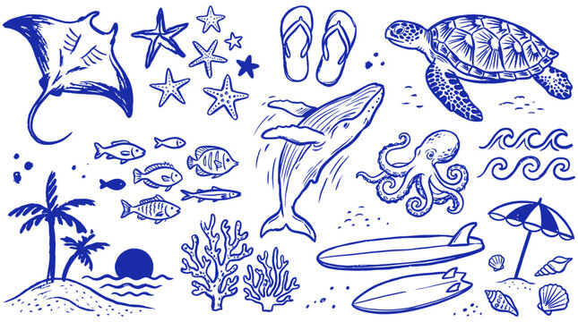 Oceanic vector illustration showcasing marine life, tropical elements, and beach accessories, perfect for summer themes