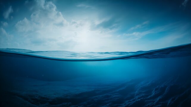 Underwater ocean scene with clear blue water and sunlight