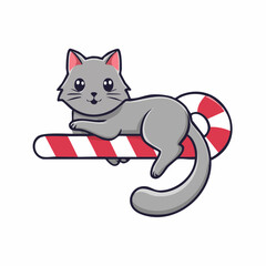 Fototapeta premium Cute Gray Cat Lying on Candy Cane