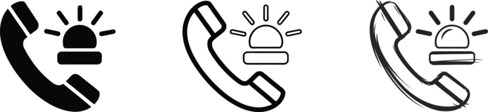 Emergency Call Icons Featuring Phone Handset and Alarm Siren Symbols in Flat, Outline, and Hand Drawn Styles
