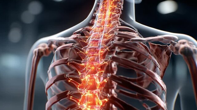 Human Spine Anatomy: A detailed 3D rendering showcases the intricate structure of the human spine, highlighting the vertebrae and spinal cord in a vibrant.
