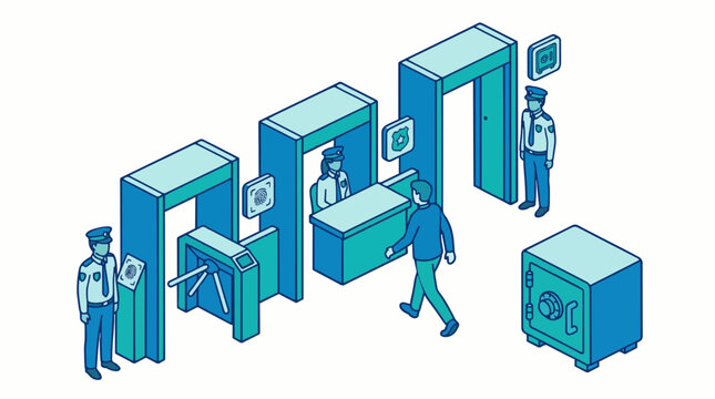 Isometric illustration of a person being verified at a zero trust security checkpoint gate