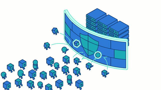 Isometric illustration of a DDoS attack with waves of bots being blocked by a giant security shield