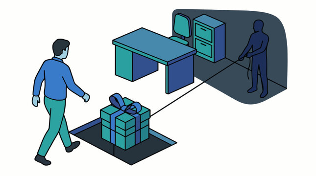 Isometric illustration of a person falling into a social engineering manipulation trap set by an attacker