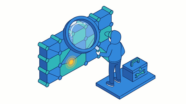 Isometric illustration of a penetration tester probing a network with a giant magnifying glass and tools