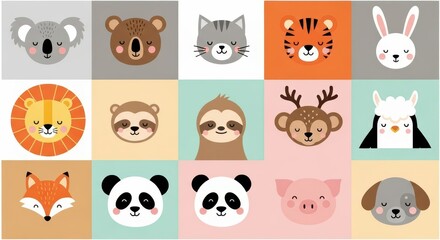 Fototapeta premium Set of Cute Animal Faces Vector Illustrations - Minimalist Flat Design Icons for Kids, Nursery, and Baby Shower Decor