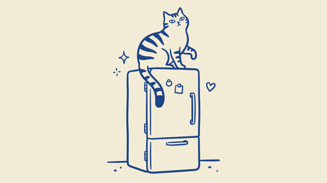 Funny Cat Perched on Top of Refrigerator Cute Line Art Illustration for Pet Owner Gifts Apparel Prints Social Media and Home Decor