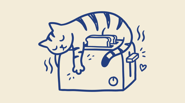 Funny Cat Sleeping on Warm Toaster Cute Line Art Illustration for Pet Owner Gifts Apparel Prints Social Media and Home Decor Products