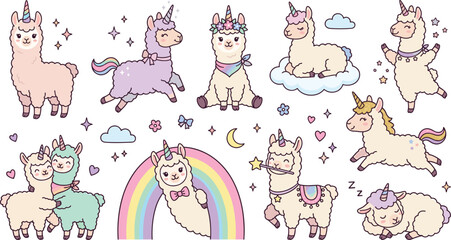 Fototapeta premium Cute Llamacorn and Unicorn Llama Character Set with Magical Rainbow, Stars, and Clouds for Kids Nursery Decor, Greeting Cards, and Sticker Vectors