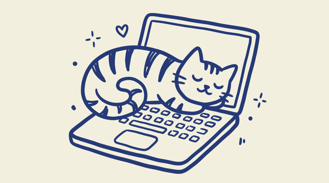 Funny Cat Sprawled Across Laptop Keyboard Cute Line Art Illustration for Pet Owner Work From Home Gifts Apparel Prints and Social Media