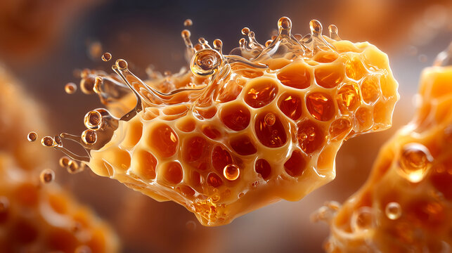 Surreal image of cheese morphing into honeycomb structure filled with glistening honey, creating unique and imaginative visual