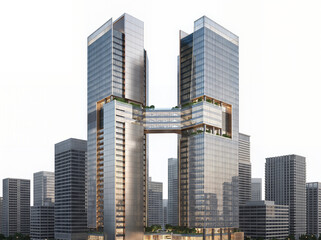 Fototapeta premium Contemporary high-rise towers connected by skybridge, showcasing innovative urban architecture and modern real estate development.