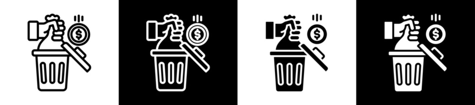Waste Money Icon Set In Black And White Filled Style Collection