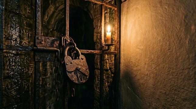Old padlock on a dungeon gate with candle light