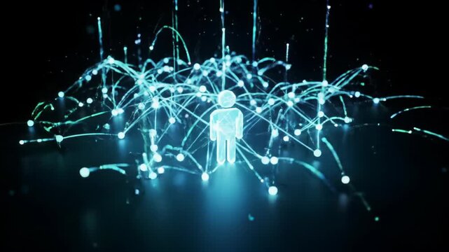 A radiant 3D abstract figure/node fractalizes, multiplying into an intricate glowing network against a vast, pristine digital expanse with a deep black background, concept of seamless digital