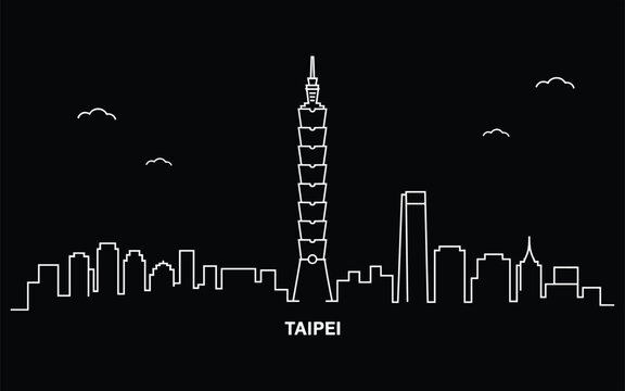 Minimalist black and white line graph with taipei skyline silhouette