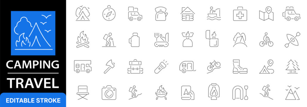 Camping and summer travel line icon set. Outdoor adventure, hiking equipment, active tourism and mountain camp outline symbols. Editable stroke.