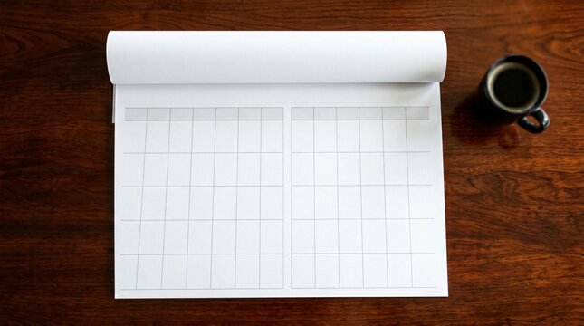 Blank calendar template and coffee mug on wooden desk overhead view