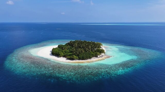 Aerial view of a lush tropical island with dense palm trees and white sand beaches surrounded by turquoise coral reefs in the deep blue ocean, Kendhoo, Baa Atoll, Maldives.