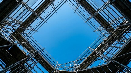 Fototapeta premium Scaffolding structure looking up at blue sky