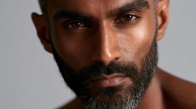 Close-up portrait of a man's face. he has a full beard and mustache, and his hair is neatly combed back. he is looking directly at the camera with a serious expression on his face.